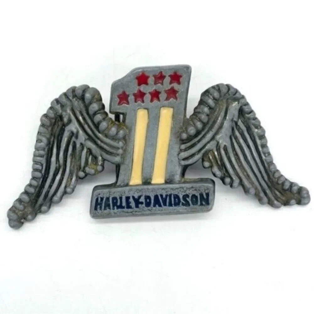 Vintage Harley Davidson Wings One America Stars and Stripes Enamel Belt Buckle
